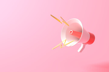 Red-White megaphone on pink background 3D rendering. speaker speech for your text super sale. illustration