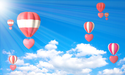 Colorful hot air balloons heart rising above serene the ocean seascape with blue sky background. Beautiful sun light Hot air balloon over the sea and white clouds. 3d rendering. illustration digital