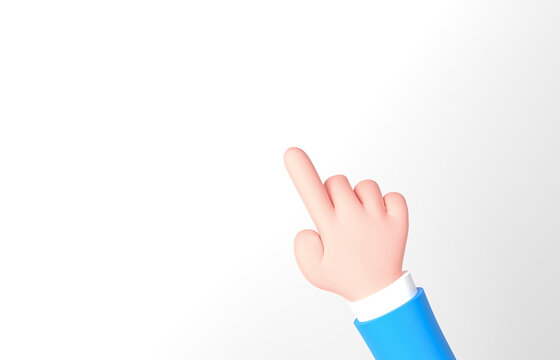 Finger pointing. Hand pointing isolated pastel background. Stylized hand pointer. Illustration for website, posts, advertising. Cartoon hand with blue sleeves shows index pointing left 3D rendering