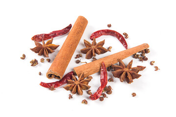 traditional spices anise star ,cinnamon sticks and pepper on white background