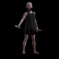 adult man with a bald spot and a beard on a white background, a criminal from a knife in his hand. 3D illustration of a dangerous criminal