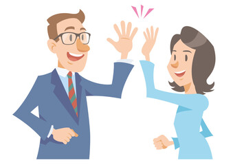 Two business person to give a high five. Smiling with success. Vector illustration in flat cartoon style.