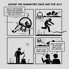 Funny comic strip. Saving the humanities once and for all. Man travel back in time to catch the snake from Garden of Eden so that Adam and Eve will not be cheated to eat the Apple.
