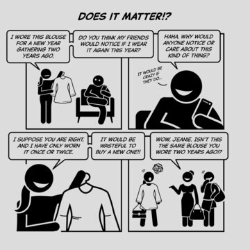Funny comic strip. Does it matter. Woman wearing the same clothing two years ago and was laughed by her girl friends. Comic depicts ridicule, bitchy, unkind criticism, and wasteful.