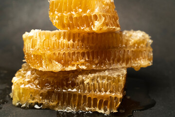 Bee honeycomb wax with honey on black background. Honey dripping from honey comb close up.