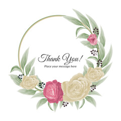 Thank you card with roses floral wreath background with watercolor 