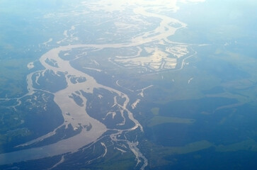 Fototapeta na wymiar Aerial view of countryside from airliner. Kiev Region.