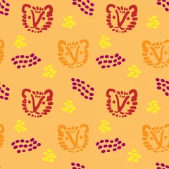 Gordijnen Doodle wild cat seamless pattern. Funny baby wild cat face, with spot ornament. Orange, brown, purple, yellow, red colors. Bright colorful design for childish stuff © Eugene Yakimova