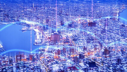 Manipulated city with digital network line for connect metaverse era.