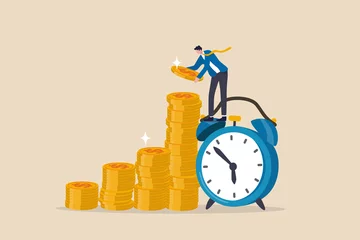 Fotobehang Long term investing or savings for retirement fund, compound interest or investment growth, tax time reminder concept, businessman on alarm clock put more dollar coin money to increase his savings. © Nuthawut