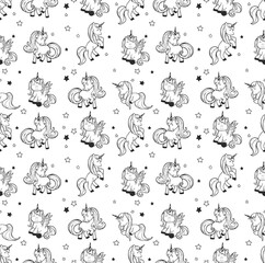 childish seamless pattern unicorn vector line. cute ponies vector. Unicorns vector doodles. Sketch. freehand drawing	