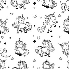 childish seamless pattern unicorn vector sketch. seamless pattern pony vector drawing. unicorns pattern doodle vector. Cute ponies vector sketch. Unicorns. Vector illustration