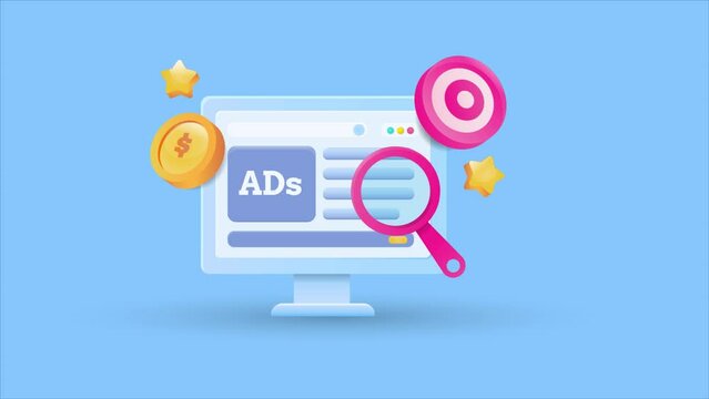 3d ppc advertising, online display advertising, web ads, internet user targeting, digital marketing concept. Cartoon style animation video clip. 
