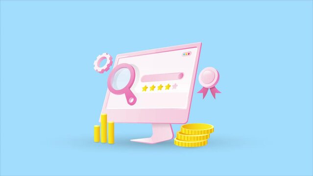 3d search engine marketing, ppc online advertising, web analytics, customer rating, money financial concept, video animation clip.