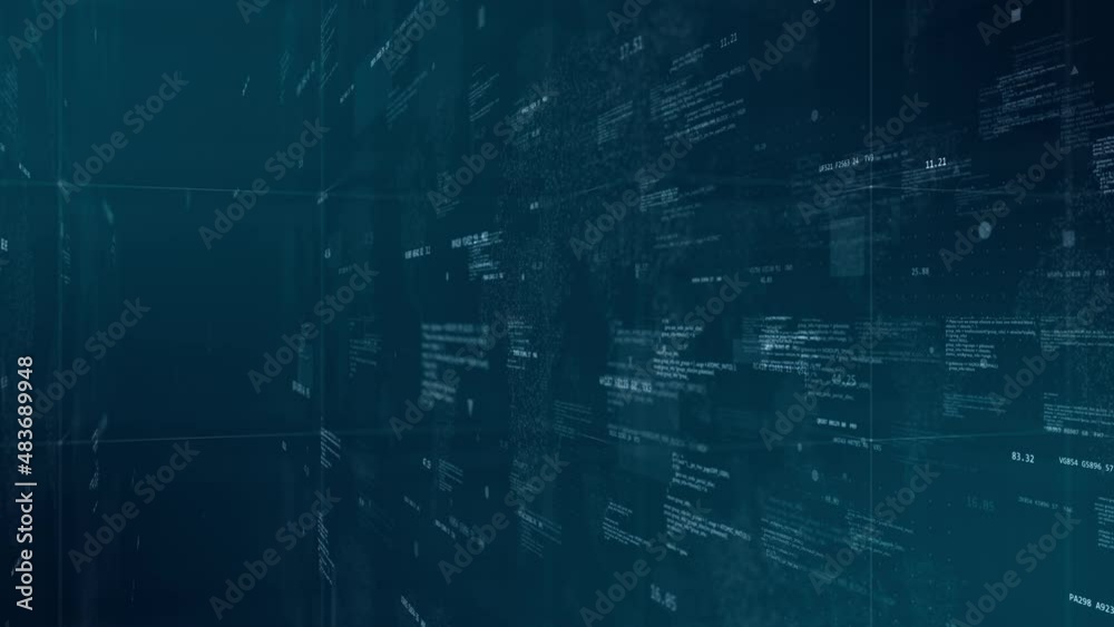 Wall mural motion graphic of blue digital cyberspace with program code levitation on futuristic map background 