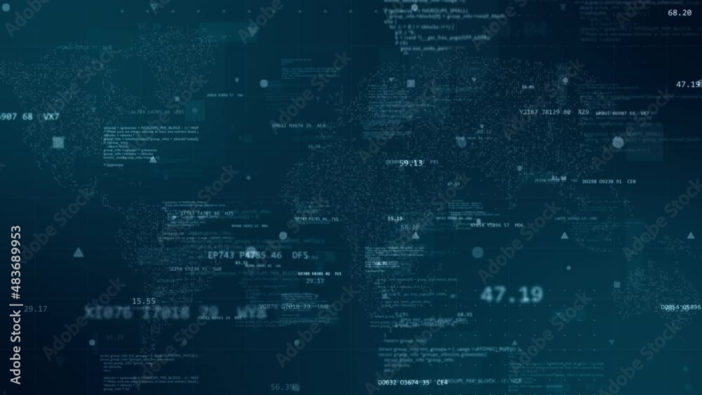 Poster motion graphic of blue digital cyberspace with program code levitation on futuristic map background 