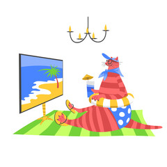 watching TV. vacation at home. funny vector illustration with a cat. cat on the beach with a cocktail