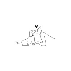 Continuous line drawing of woman  Love with dog vector silhouette concept