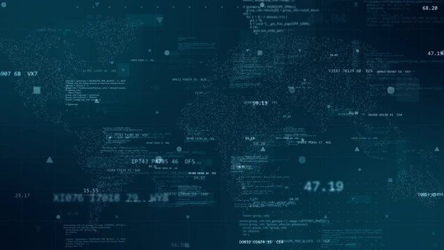 Motion graphic of Blue digital cyberspace with program code levitation on futuristic map background technology abstract background concept seamless loop video - Powered by Adobe