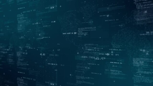 Motion graphic of Blue digital cyberspace with program code levitation on futuristic map background technology abstract background concept seamless loop video