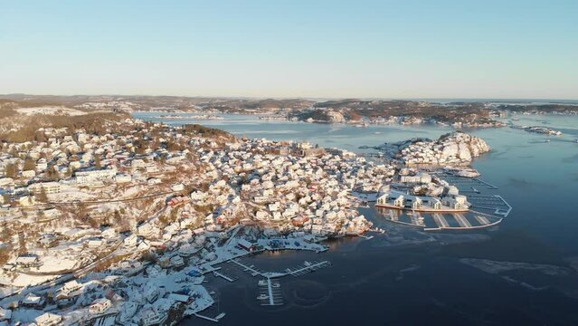 Bird's Eye View Of Kragerø City During Winter Season On A Sunny Day In Norway. - aerial