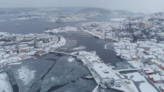 Aerial View Of Kragerø City With Frozen Sea At Wintertime In Vestfold og Telemark County, Norway.