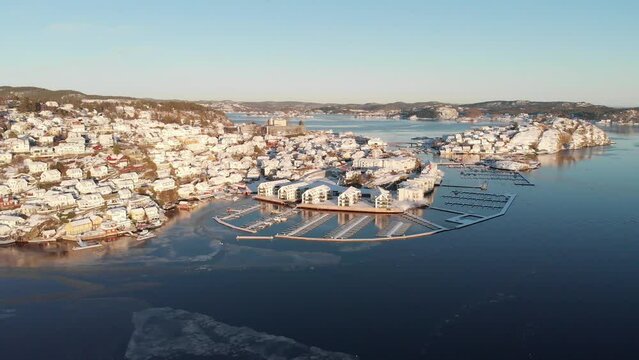 Empty Marina By Kragerø City On A Sunny Winter Day In Norway. - aerial