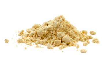 Yellow mustard powder isolated on white background. Heap of yellow mustard powder isolated on white background. Mustard powder on a white background, spice.