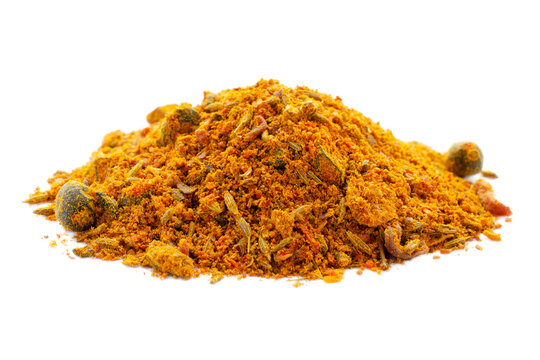 Mixture of spices for cooking pilaf from cumin, barberry, coriander, turmeric and pepper. Heap of spices for pilaf isolated on white background. Seasoning for pilaf, isolated on white background.