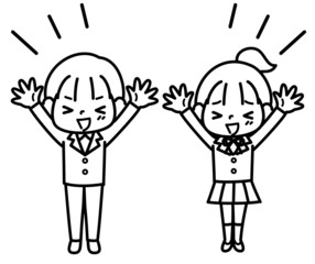 両手を上げて喜ぶ学性　男の子女の子　モノクロ