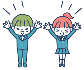 両手を上げて喜ぶ学性　男の子女の子