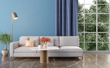 Tropical style living room with blue wall and dark tiled floors There is a window view overlooking the trees.3d rendering