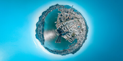 Aerial view tiny planets effect of Hong Kong city in a sunny day