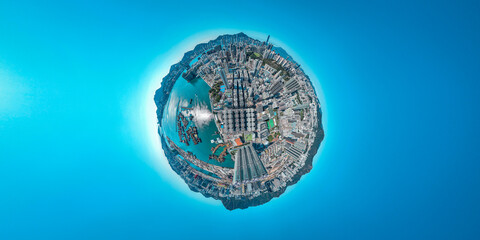 Aerial view tiny planets effect of Hong Kong city in a sunny day