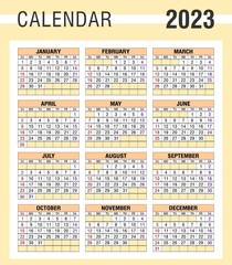 Calendar template in simple style. The calendar grid of 2023. The week starts on Sunday. Calendar design. Vector illustration. Quarterly calendar, planner