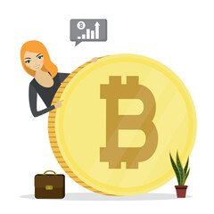 Happy trader holds bitcoin. Successful woman investor with cryptocurrency, closeup. Investing in the growth of the cryptocurrency rate. Businesswoman with huge crypto coin.