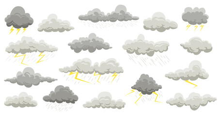 Rain clouds. summer and autumn rain with thunder cloud elements. Vector flat rainstorm and lightning set - obrazy, fototapety, plakaty