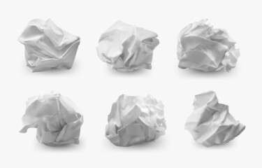 Paper ball. Realistic crumpled and crinkled paper trash, wrinkled page . Vector set