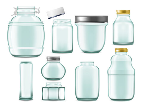 Realistic jars. Transparent empty glass containers for food preserves and drinks. Vector isolated set