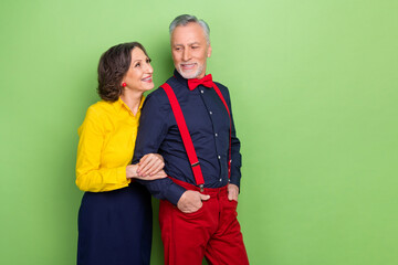Portrait of two attractive aged people hold arm look each other trust support isolated on green color background