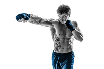 Portrait of boxer who practicing jab on white background. Black and white. Blue sportswear - obrazy, fototapety, plakaty