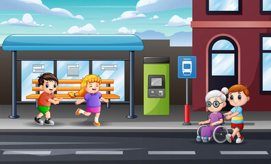 Happy people at the bus stop illustration