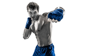 Front view of boxer who practicing jab on white background. Black and white. Blue sportswear - obrazy, fototapety, plakaty