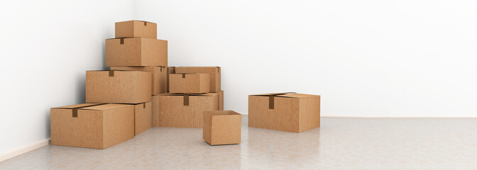 removal deliver parcels boxes pile on the floor of empty room with white wall for background - 3d rendering