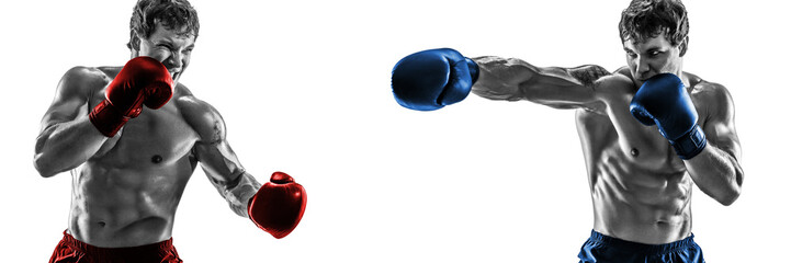 fighting in the ring. Black and white. Boxer in red corner, boxer in blue corner on white background