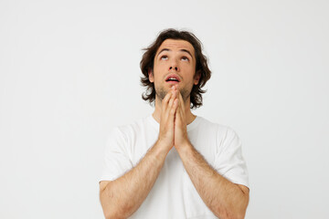 man in white t-shirt fashion cropped view isolated background