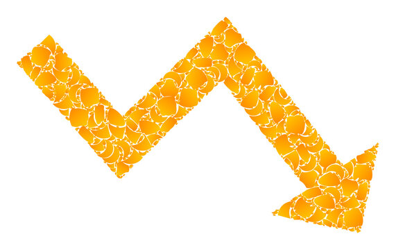 Vector golden recession arrow mosaic icon. Recession arrow is isolated on a white background. Golden items mosaic based on recession arrow icon.