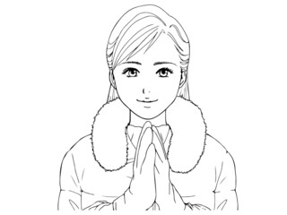 セミロングの女性_ダウンコート_手袋_線画