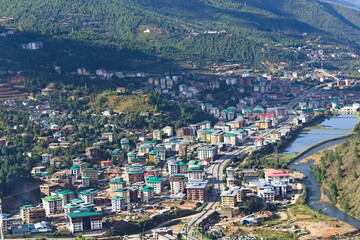 Aerial view of Thimpu, the capital city of Bhutan 