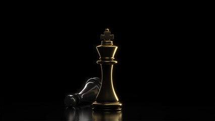 Golden queen chess and lying pawn black background. Chess game figurines. Concept leader success business. Chess pieces. Board games. Strategy games symbol. 3d illustration. 3d rendering.